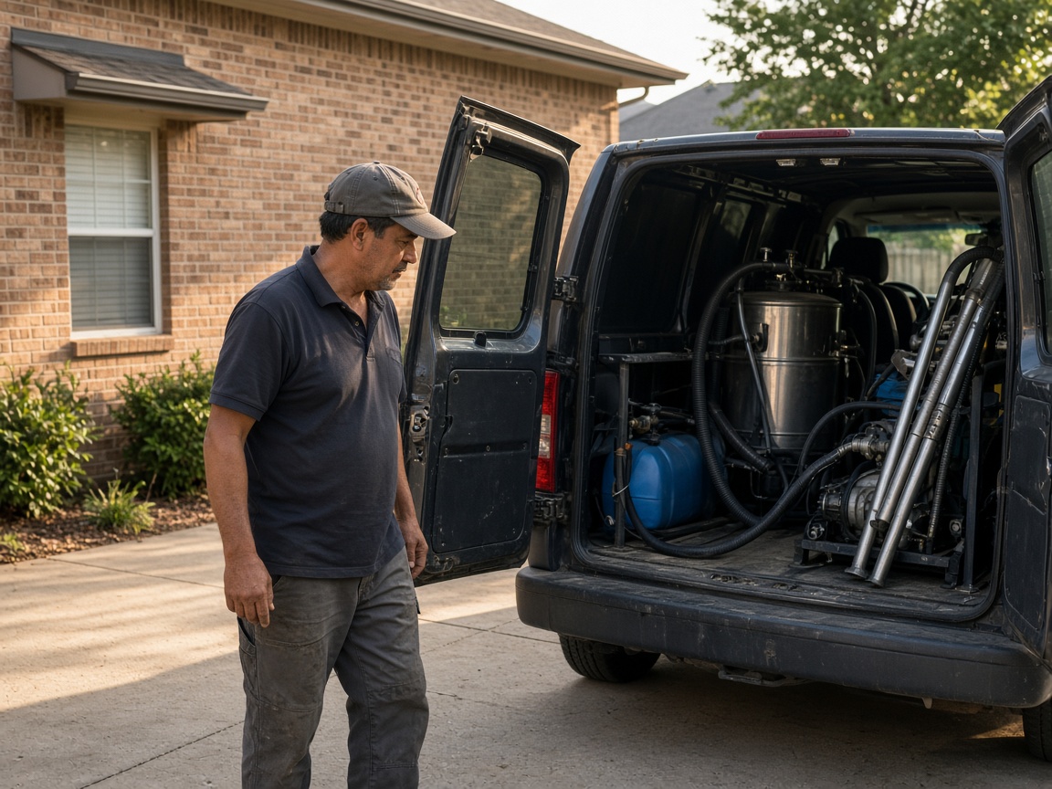 David Lopez with steam extraction equipment on a San Antonio driveway